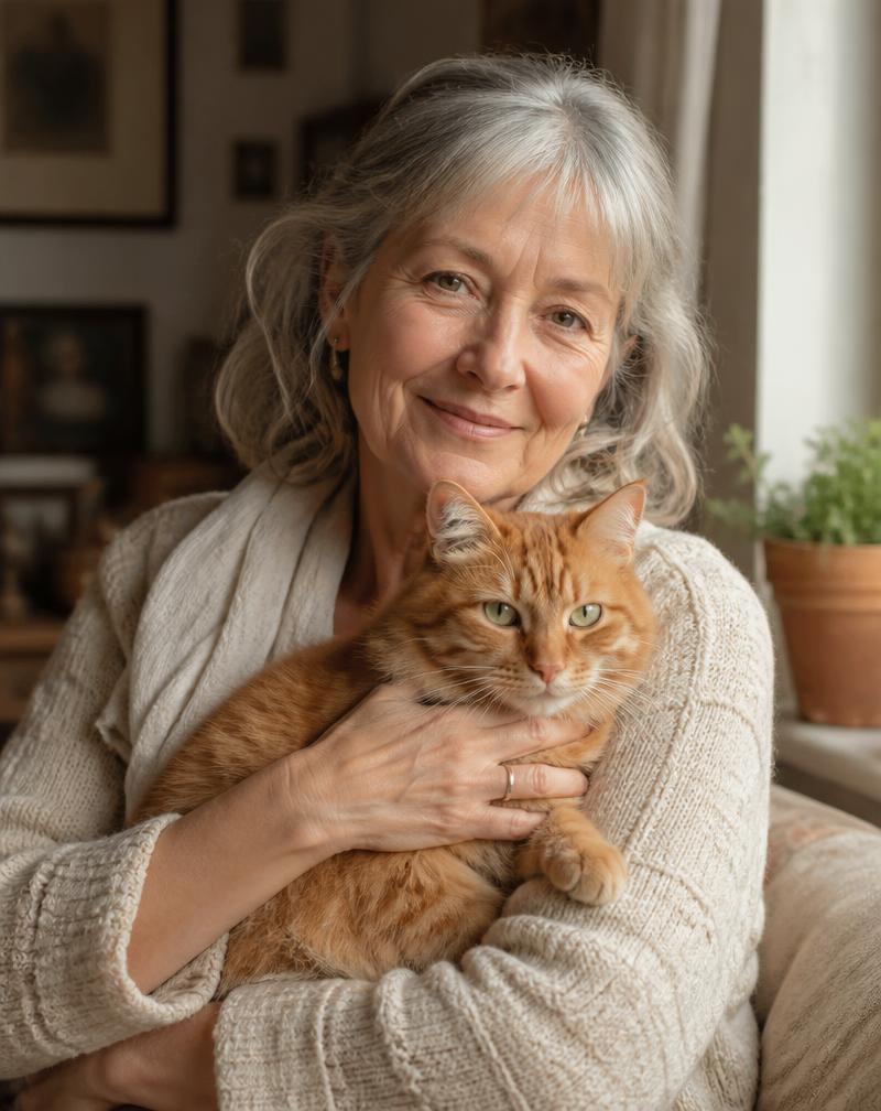 A warm portrait of a caring cat sitter with a calm ginger cat