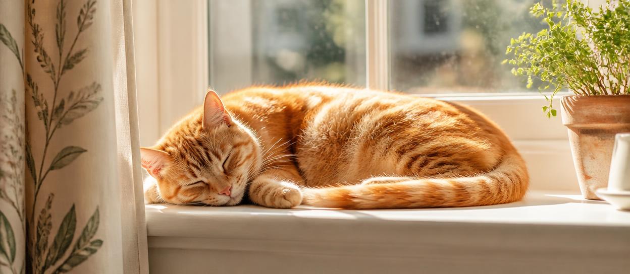 A ginger cat sleeping in a warm sunspot on a windowsill
